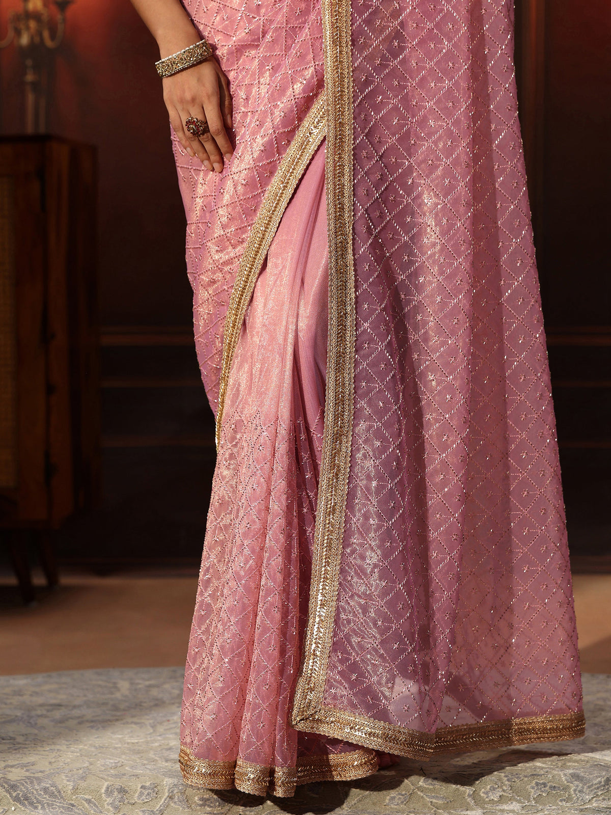 Anouk Baby Pink Embellished Jaal Work Net Saree
