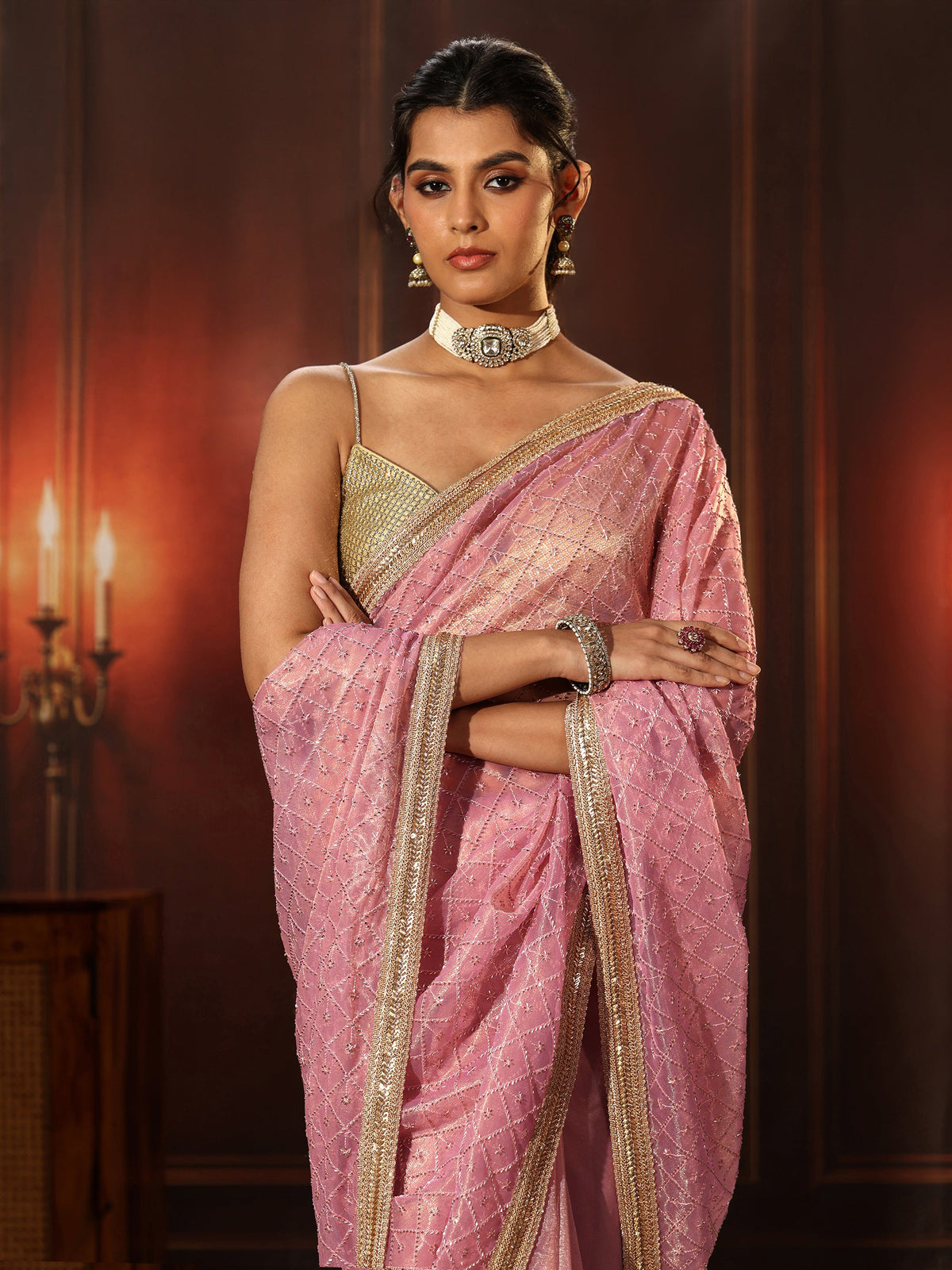 Anouk Baby Pink Embellished Jaal Work Net Saree