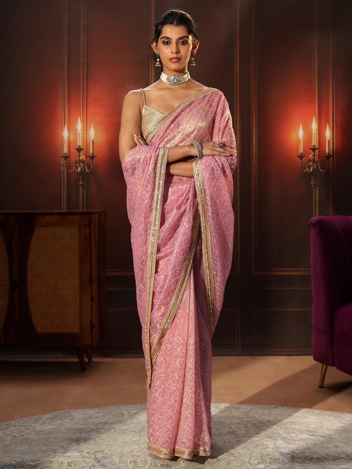 Anouk Baby Pink Embellished Jaal Work Net Saree