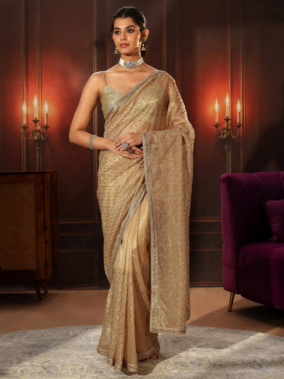 Anouk Beige Embellished Jaal Work Net Saree