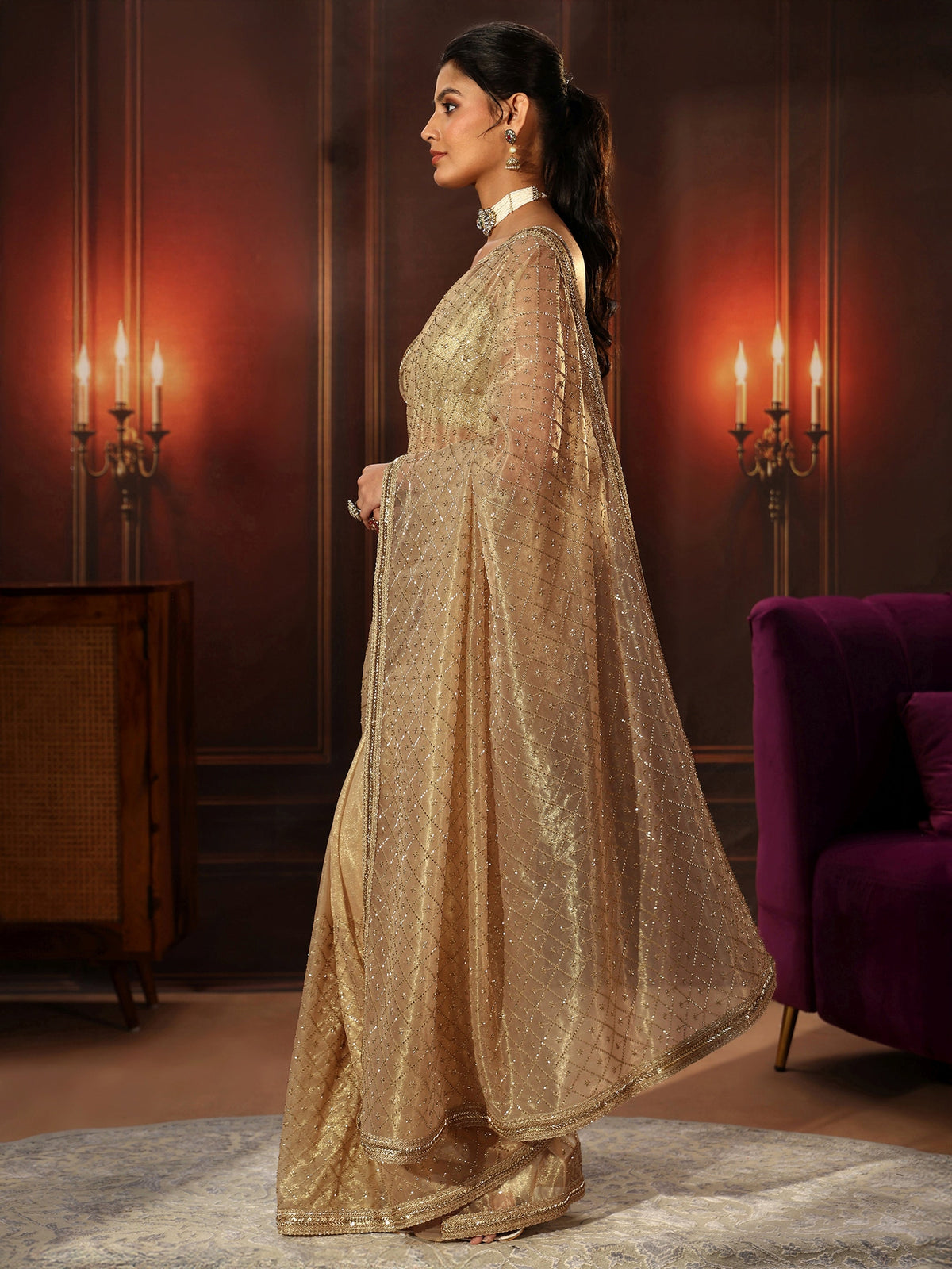 Anouk Beige Embellished Jaal Work Net Saree