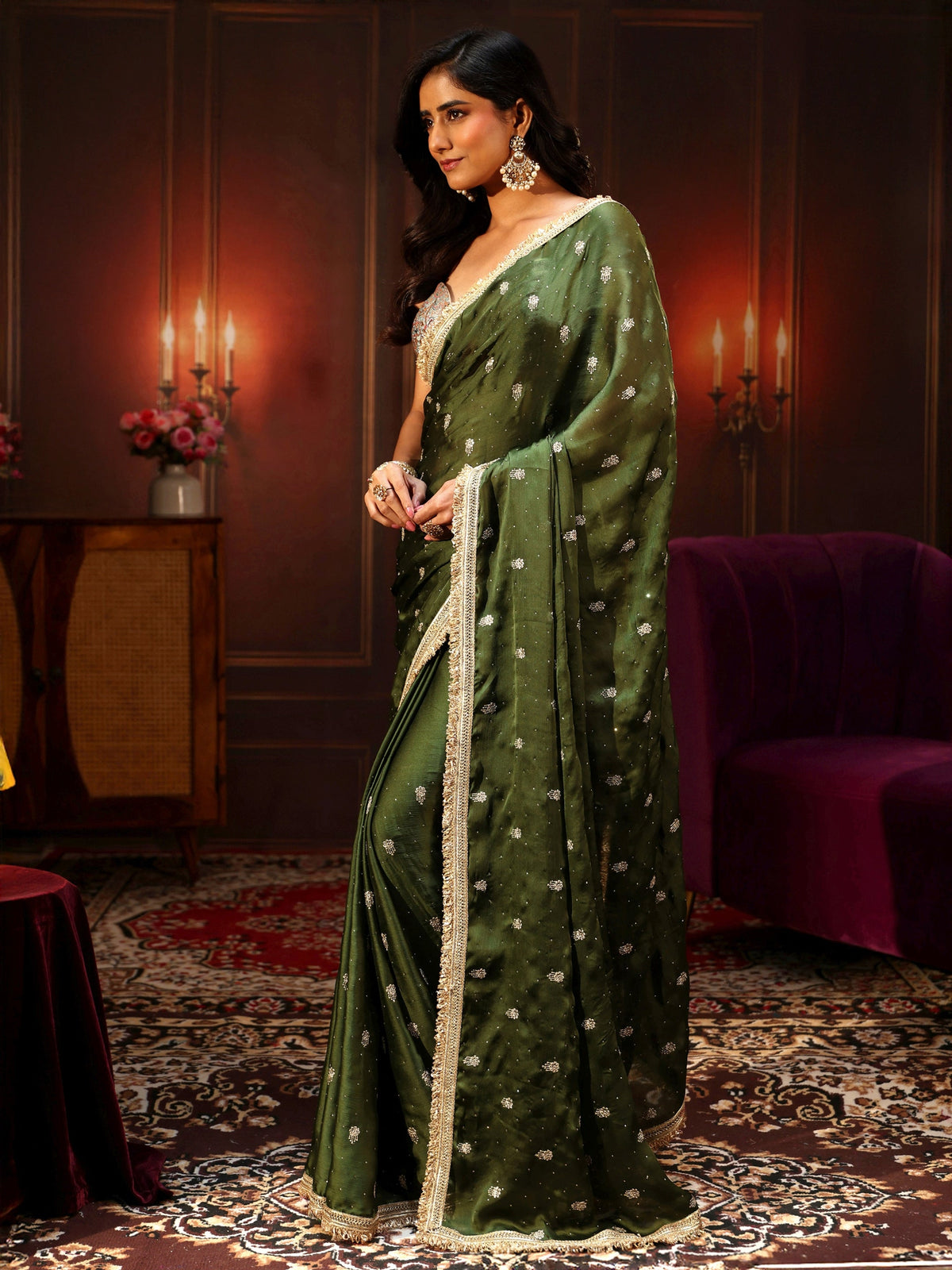 Anouk Leaf Green Embellished Chinon Saree with Gota Border