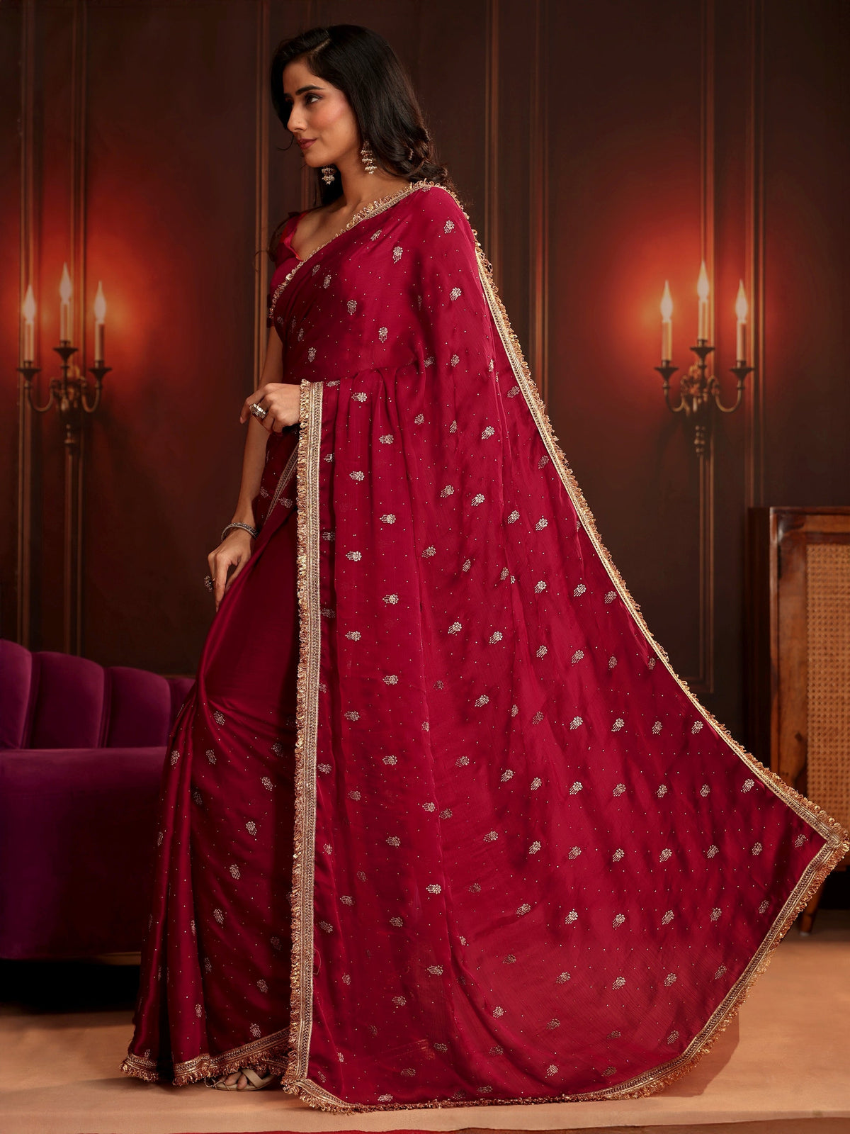 Anouk Ruby Red Embellished Chinon Saree