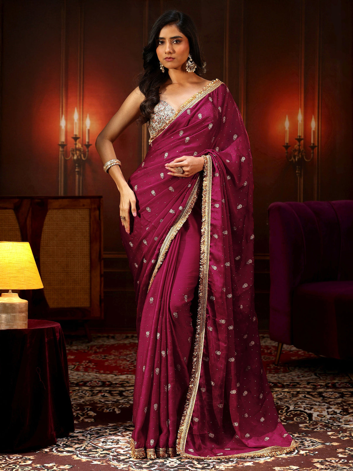 Anouk Magenta Pink Embellished Chinon Saree with Gota Border