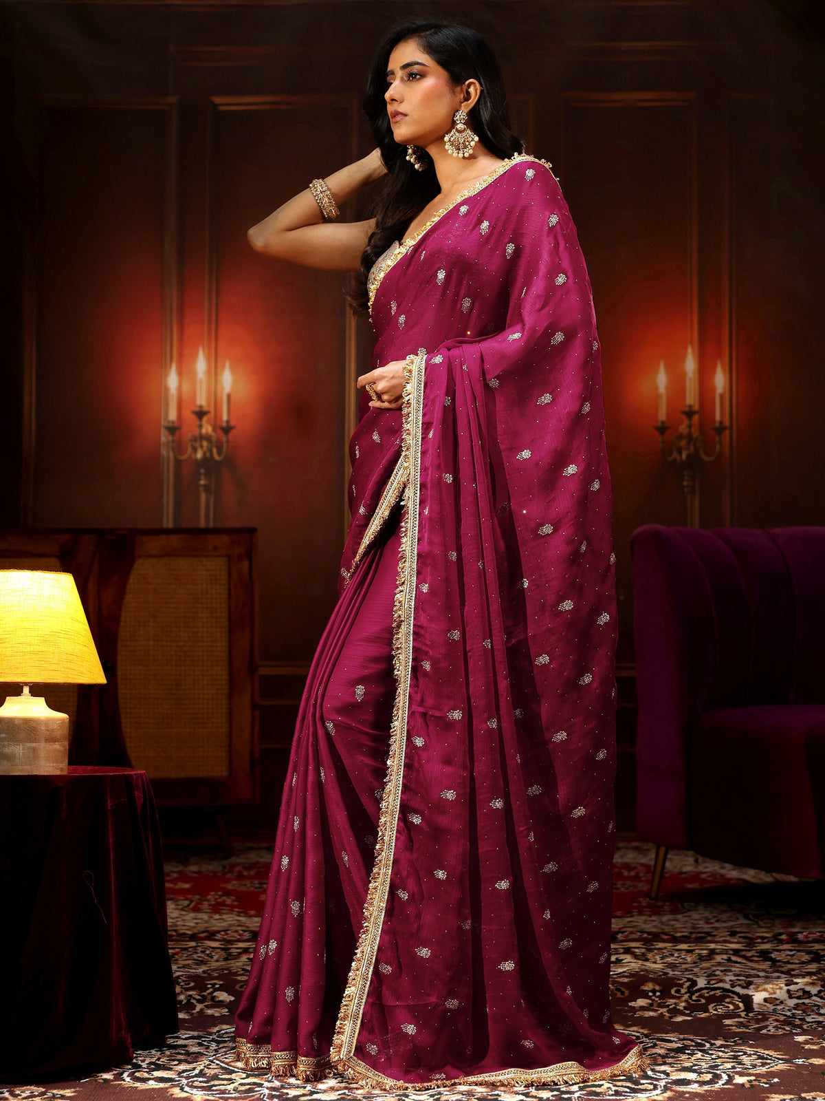 Anouk Magenta Pink Embellished Chinon Saree with Gota Border