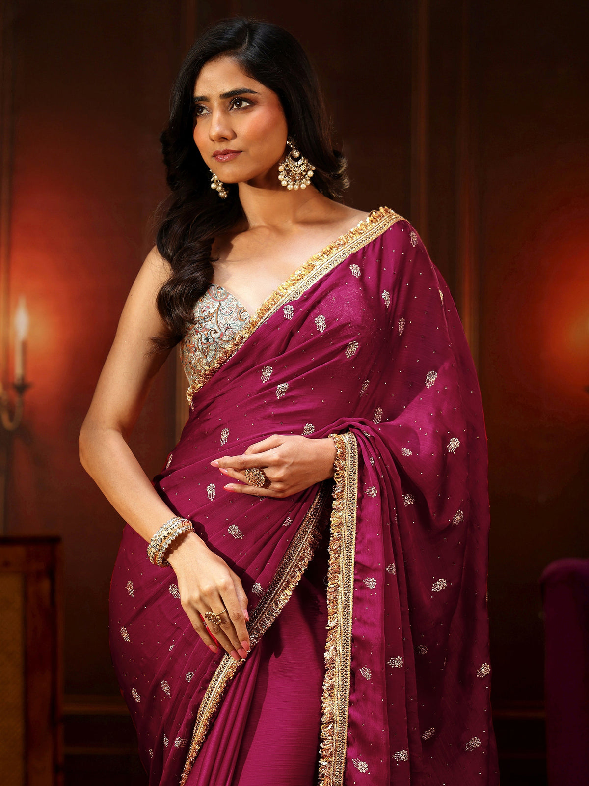 Anouk Magenta Pink Embellished Chinon Saree with Gota Border
