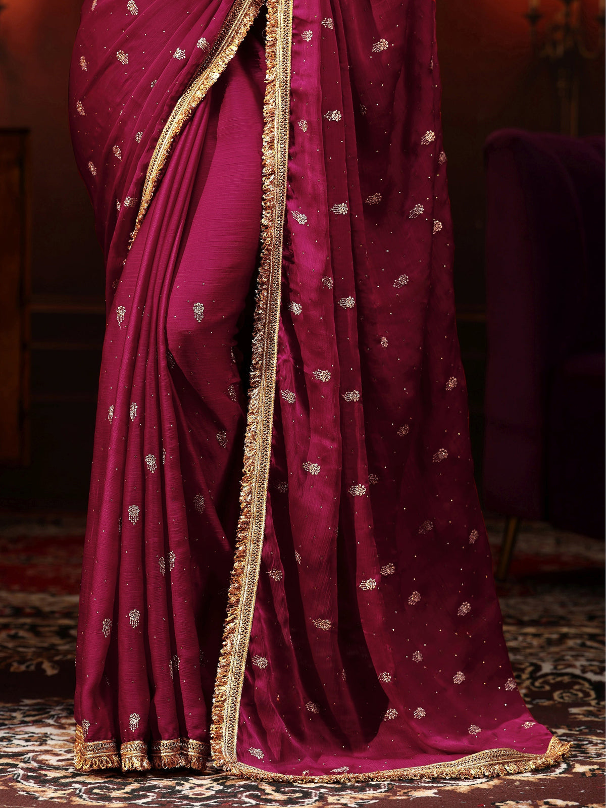 Anouk Magenta Pink Embellished Chinon Saree with Gota Border