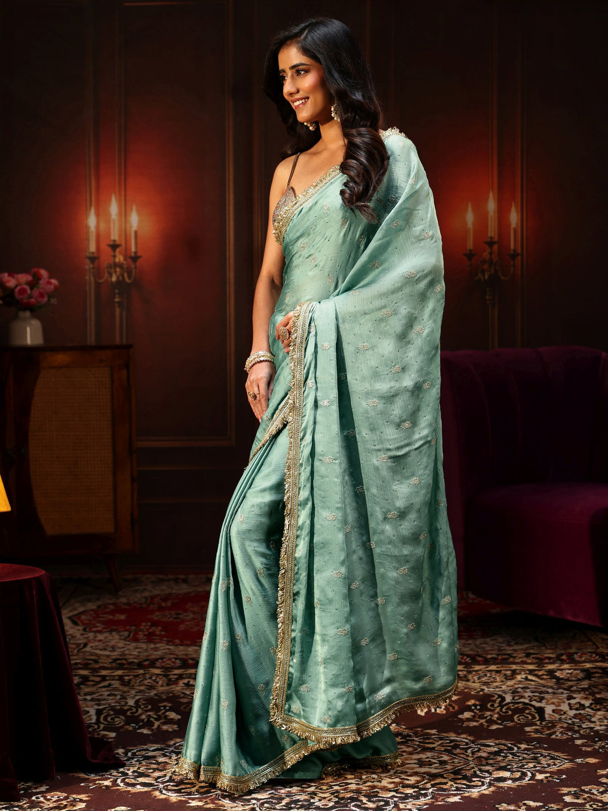 Anouk Sea Blue Embellished Chinon Saree with Gota Border