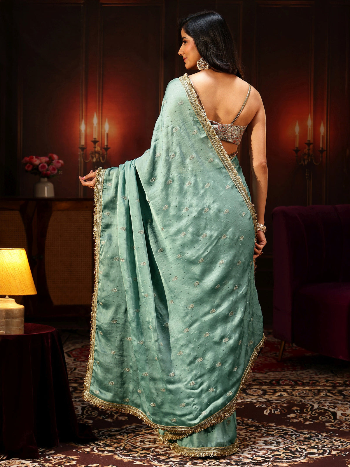 Anouk Sea Blue Embellished Chinon Saree with Gota Border