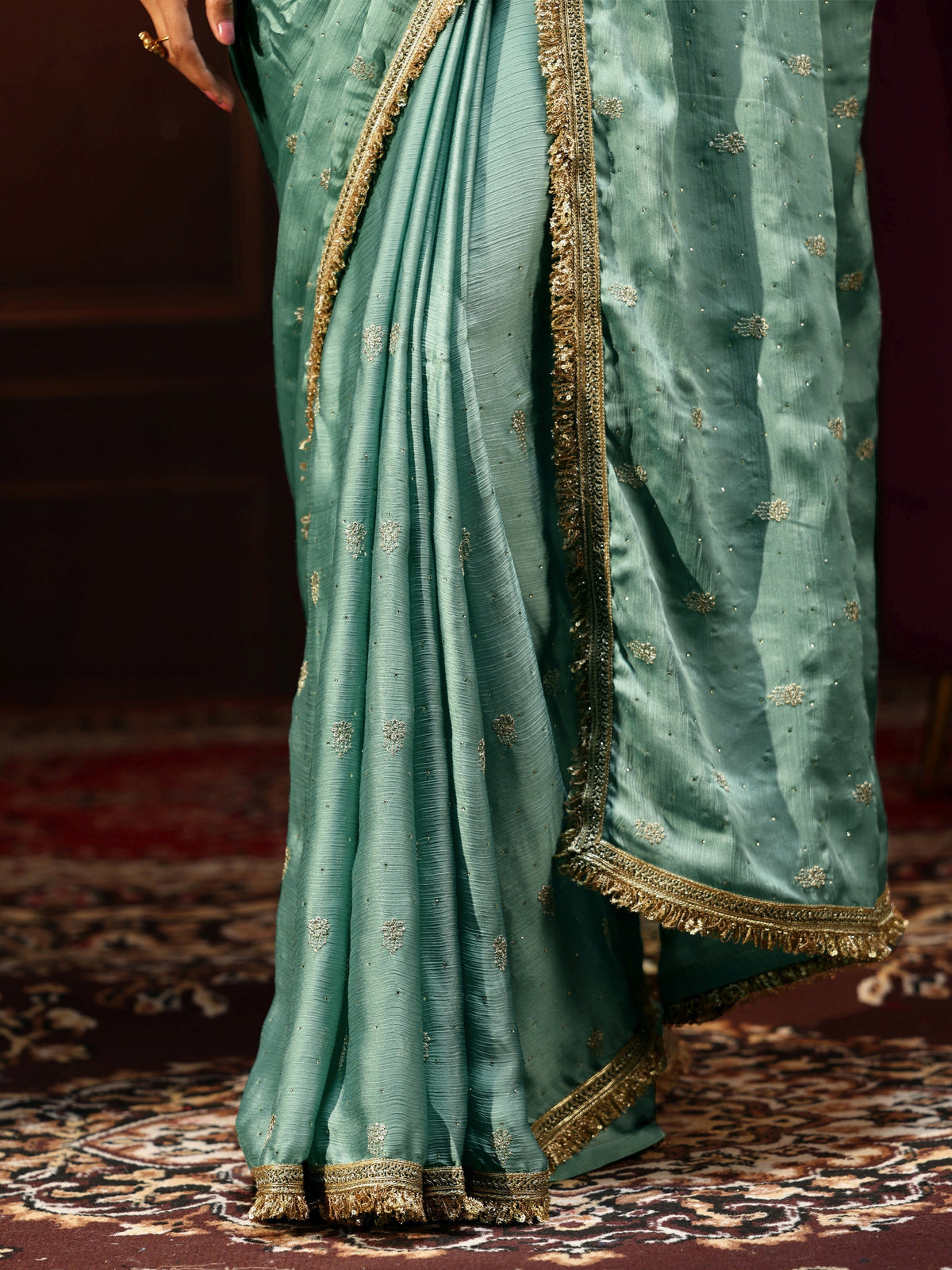 Anouk Sea Blue Embellished Chinon Saree with Gota Border