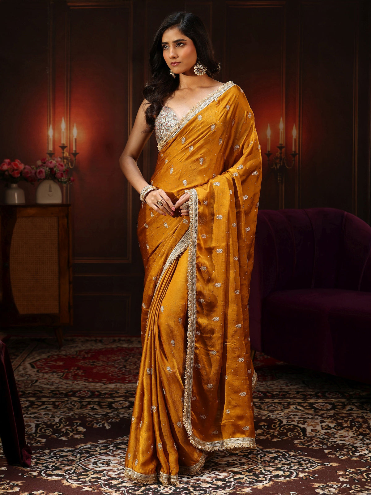 Anouk Mustard Embellished Chinon Saree with Gota Border