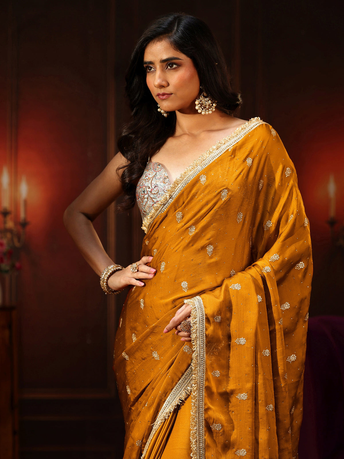 Anouk Mustard Embellished Chinon Saree with Gota Border