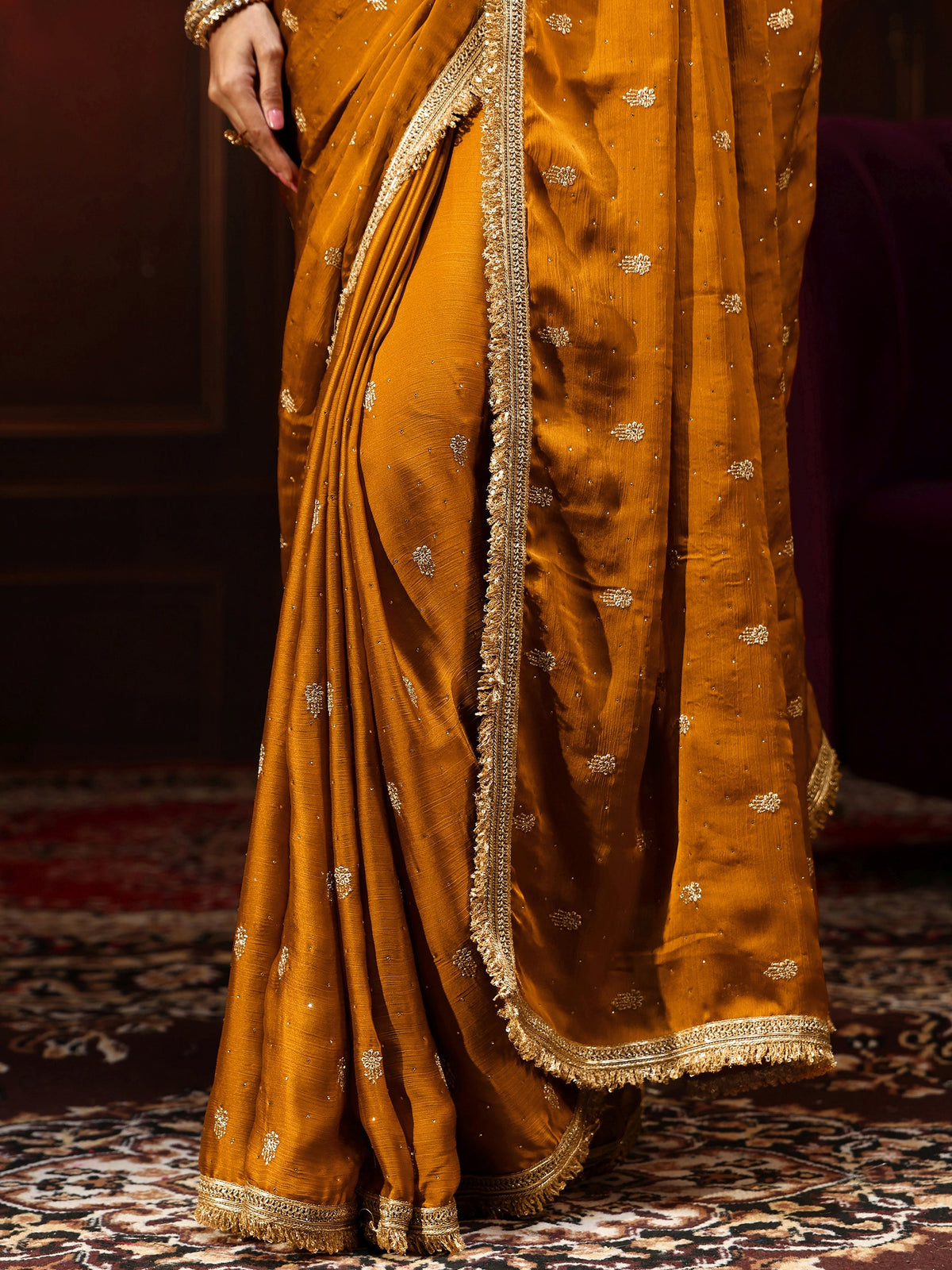Anouk Mustard Embellished Chinon Saree with Gota Border