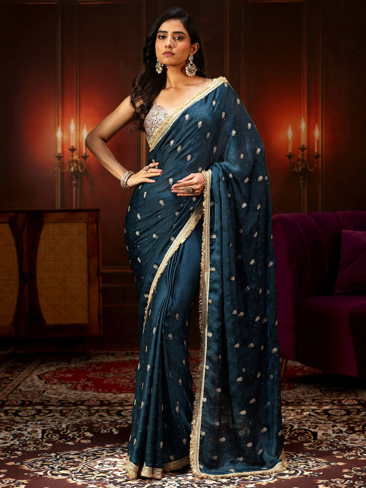Anouk Midnight Blue Embellished Chinon Saree with Gota Border