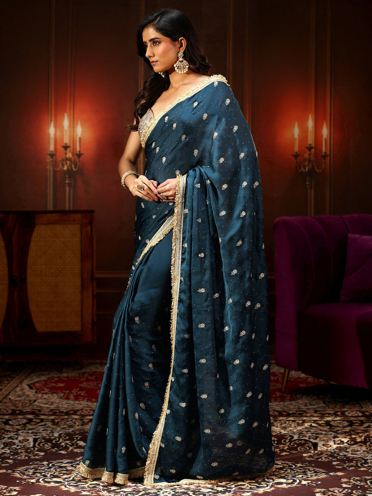 Anouk Midnight Blue Embellished Chinon Saree with Gota Border