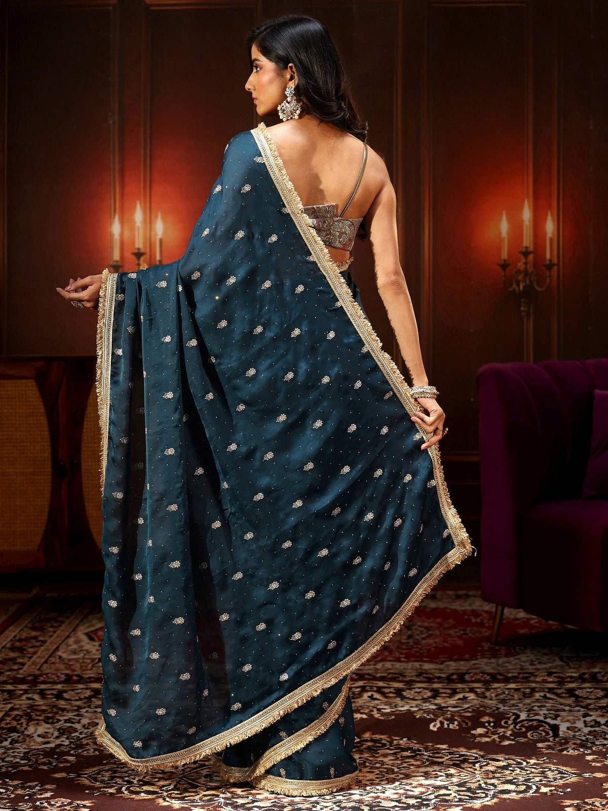 Anouk Midnight Blue Embellished Chinon Saree with Gota Border