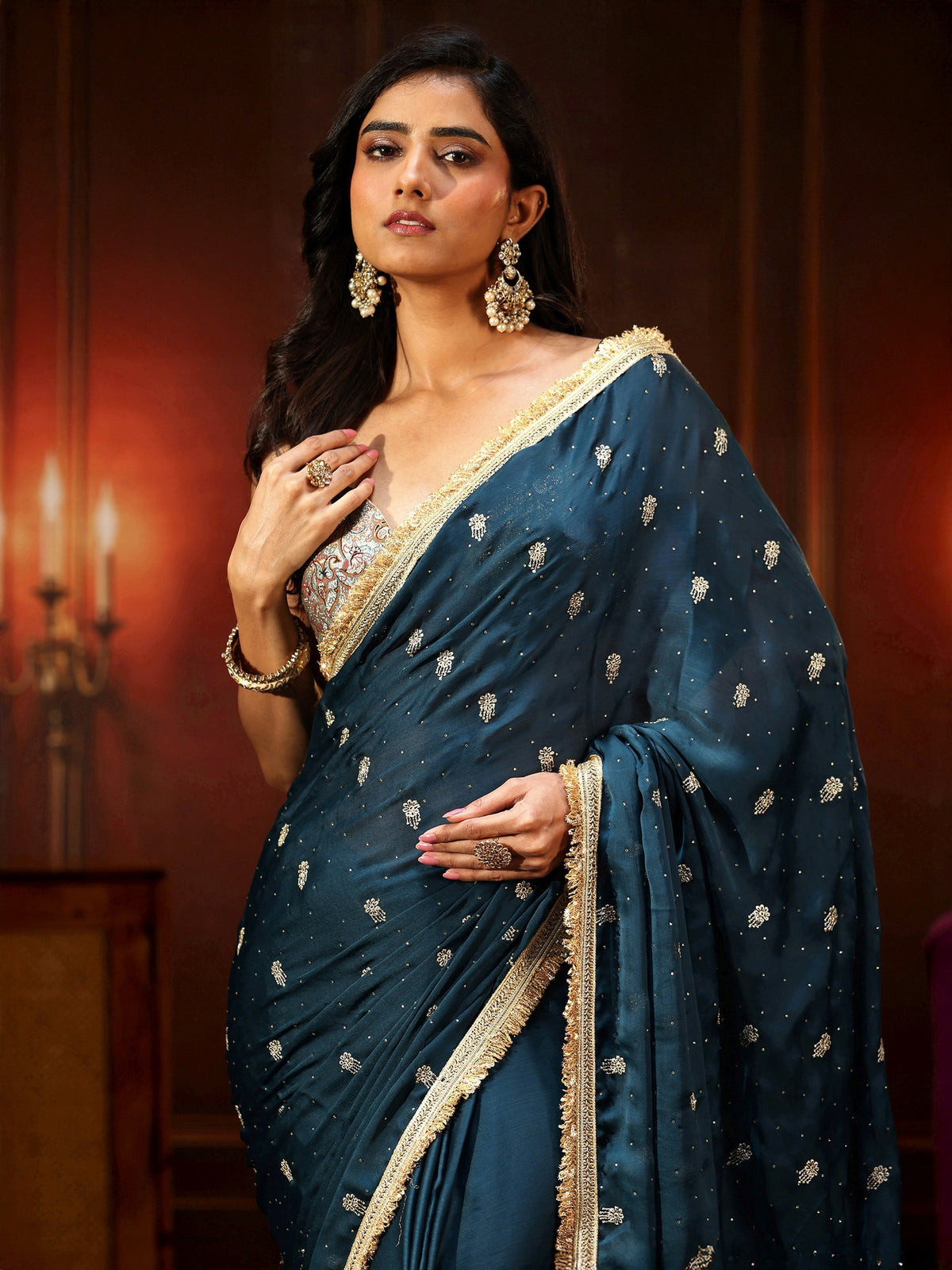 Anouk Midnight Blue Embellished Chinon Saree with Gota Border