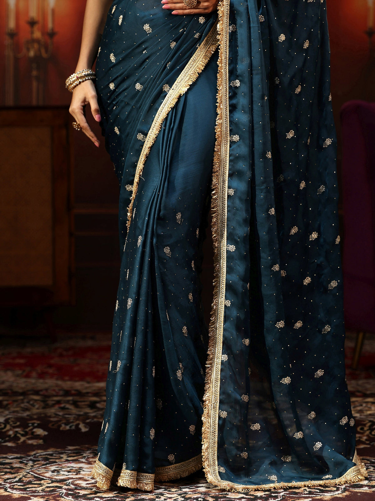 Anouk Midnight Blue Embellished Chinon Saree with Gota Border