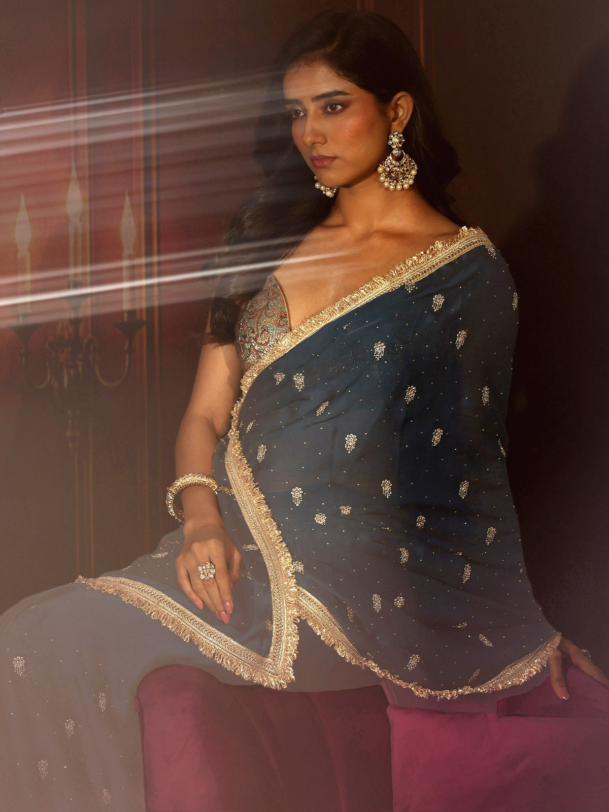 Anouk Midnight Blue Embellished Chinon Saree with Gota Border