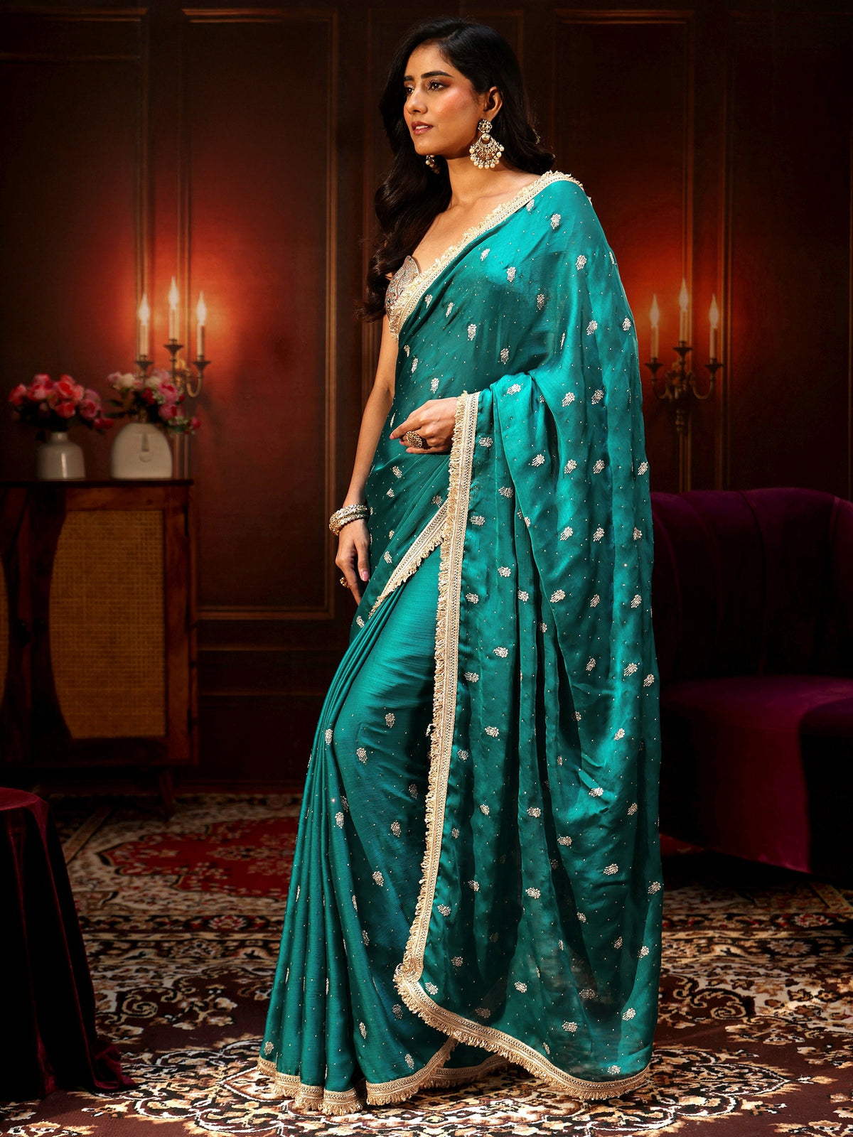 Anouk Cerulean Blue Embellished Chinon Saree with Gota Border