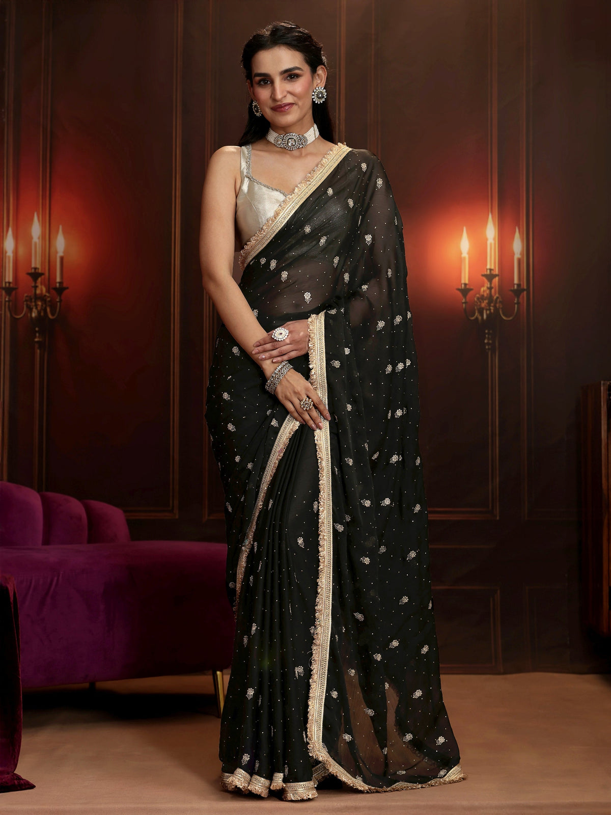 Anouk Black Embellished Satin Saree