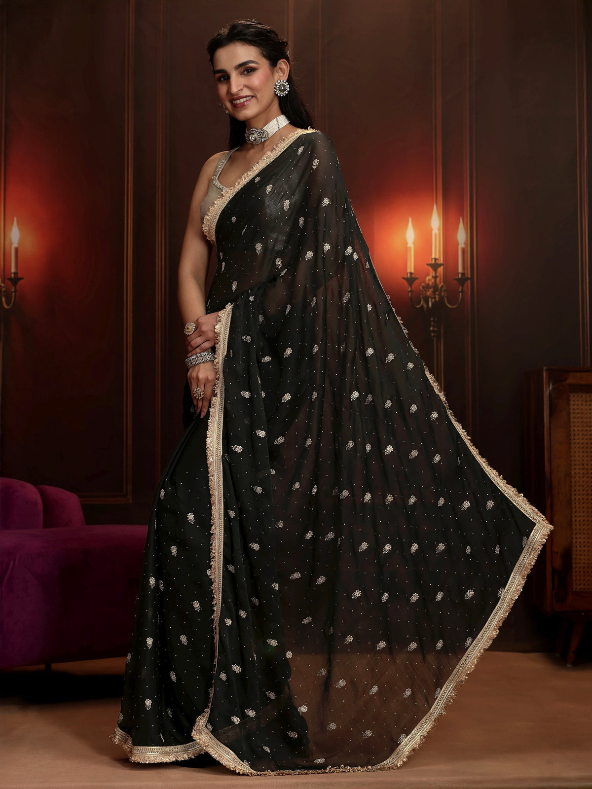 Anouk Black Embellished Satin Saree