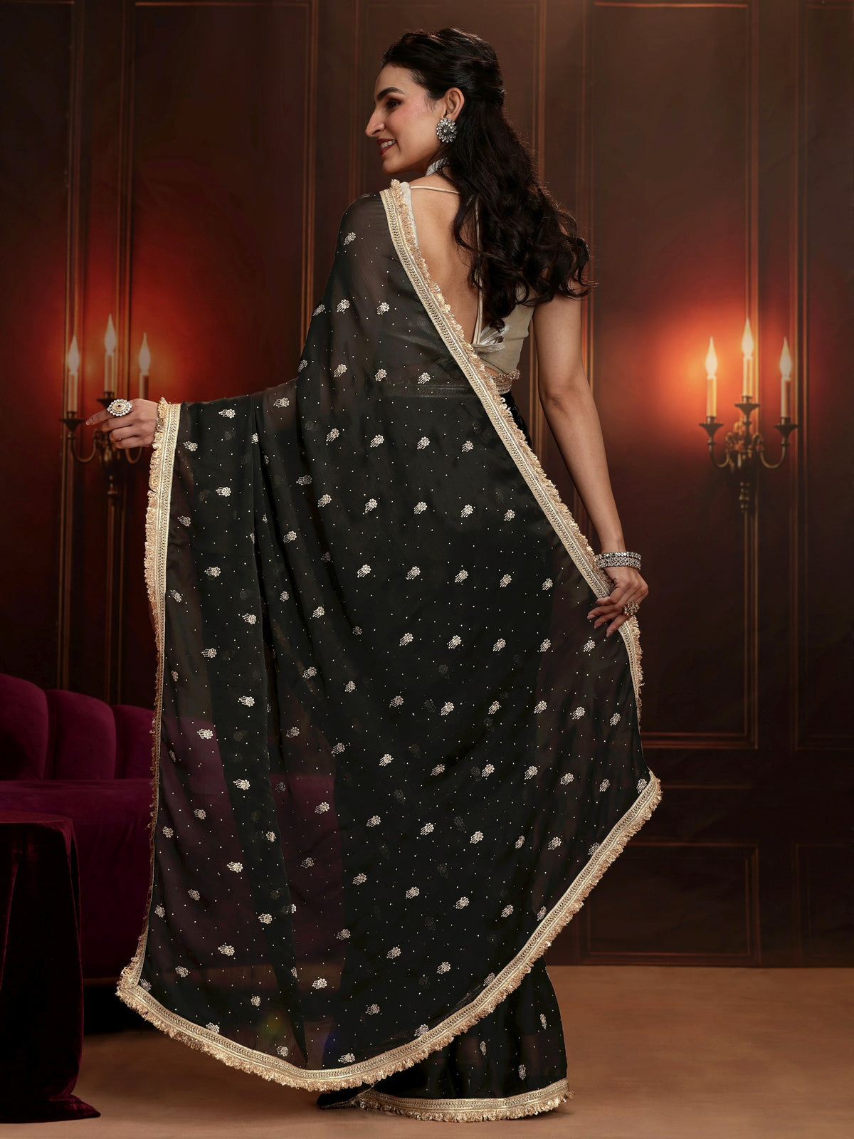 Anouk Black Embellished Satin Saree
