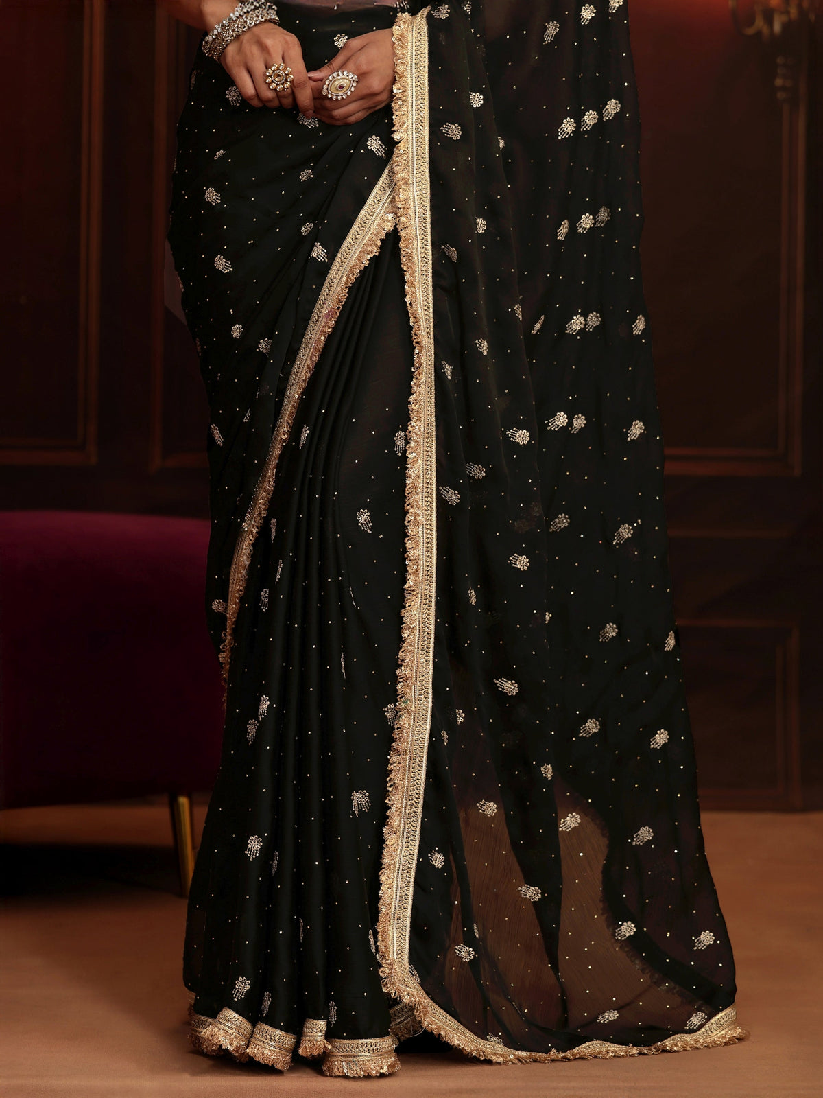 Anouk Black Embellished Satin Saree