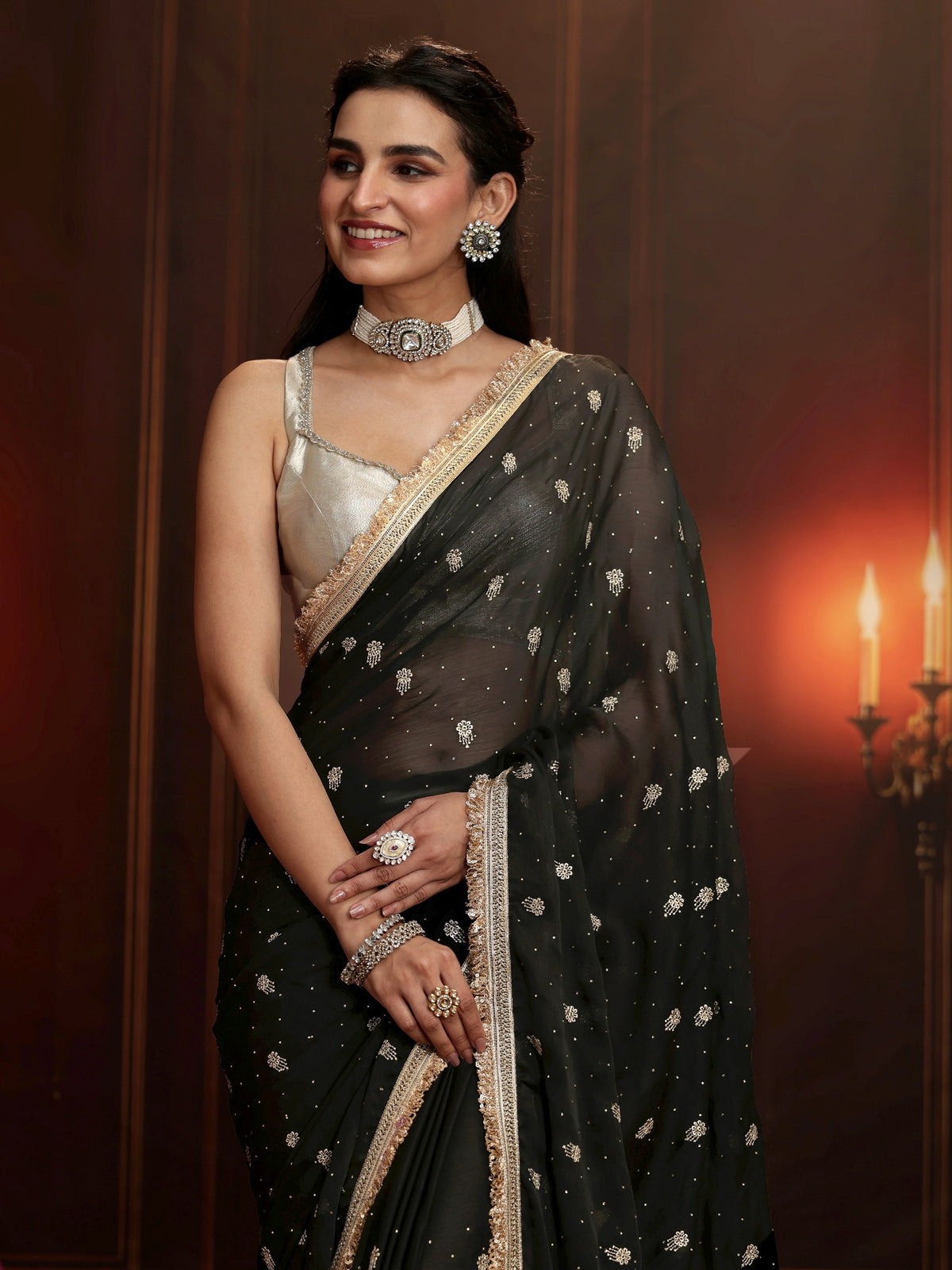 Anouk Black Embellished Satin Saree
