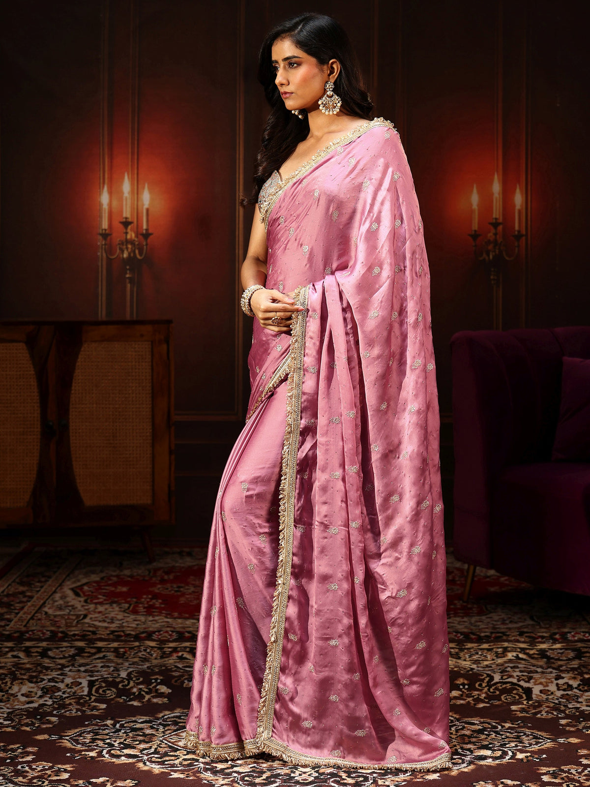 Anouk Bubblegum Pink Embellished Chinon Saree with Gota Border