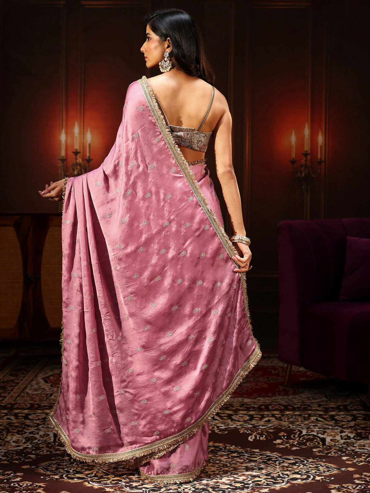 Anouk Bubblegum Pink Embellished Chinon Saree with Gota Border