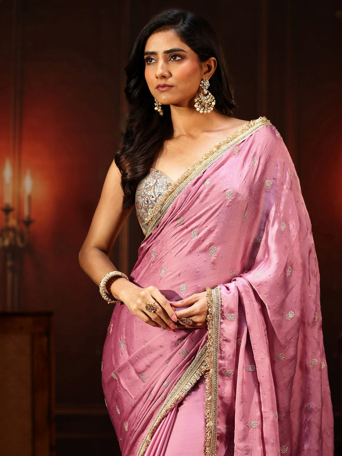 Anouk Bubblegum Pink Embellished Chinon Saree with Gota Border