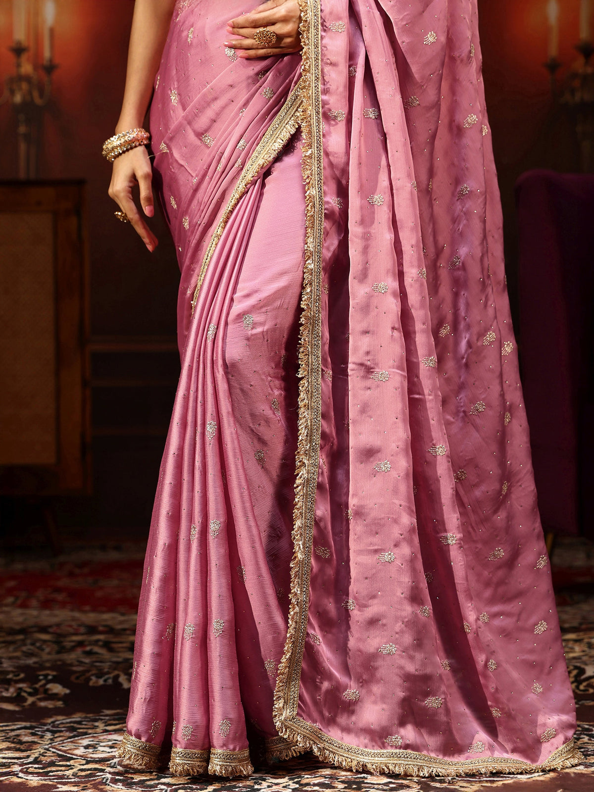 Anouk Bubblegum Pink Embellished Chinon Saree with Gota Border
