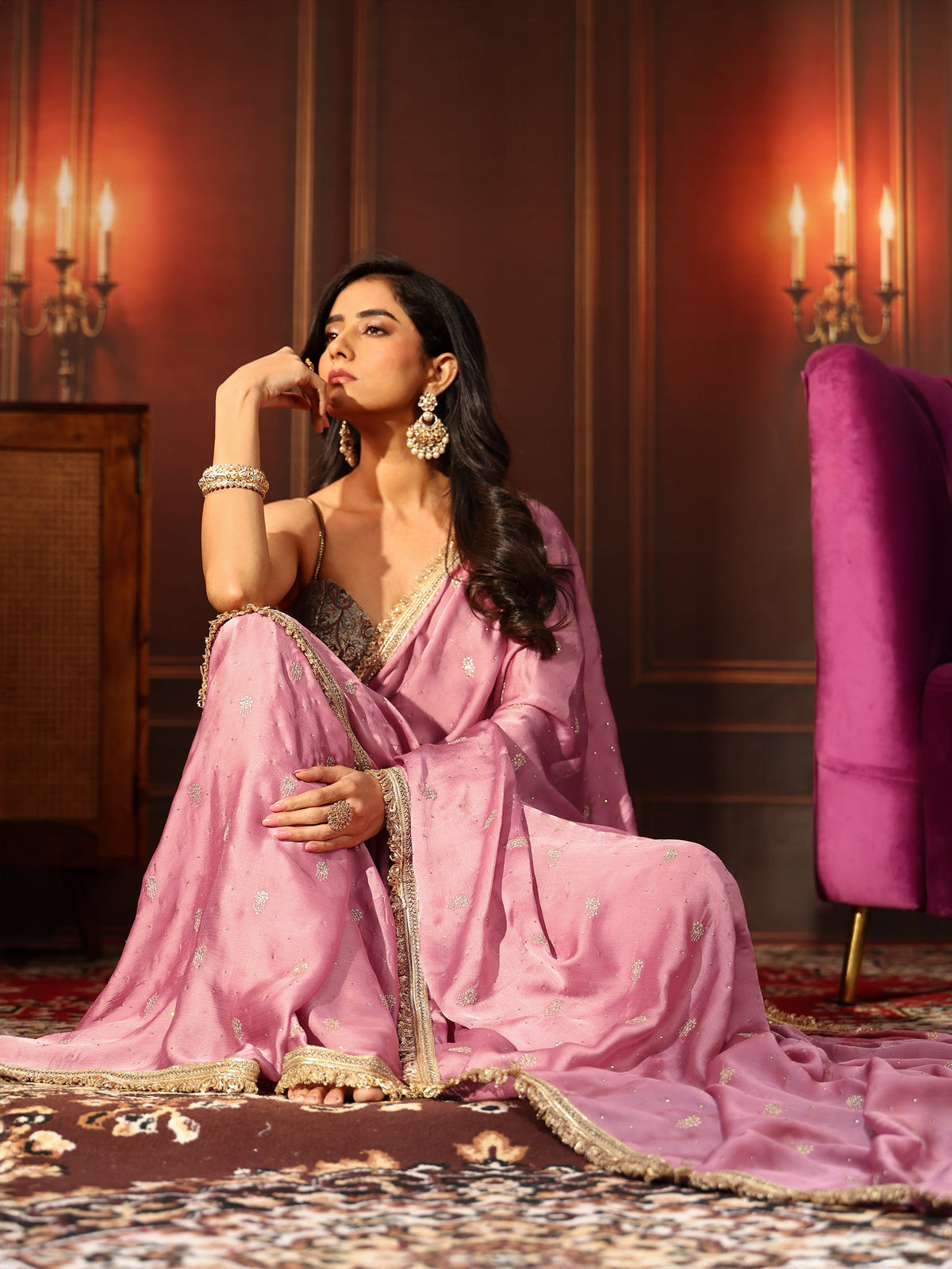 Anouk Bubblegum Pink Embellished Chinon Saree with Gota Border