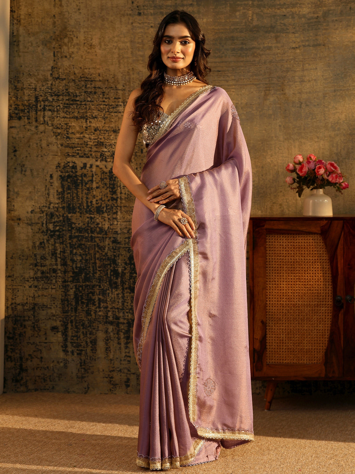 Anouk Lavender Embellished Tissue Saree with Gota Border