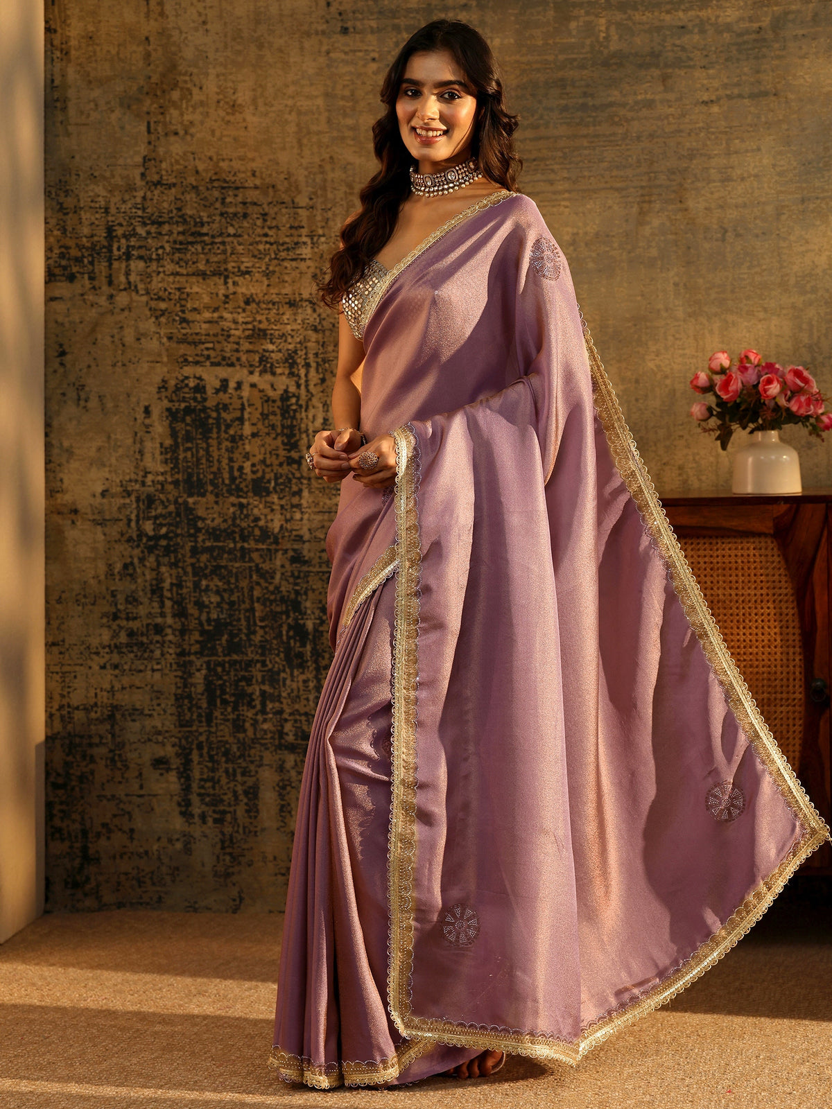 Anouk Lavender Embellished Tissue Saree with Gota Border
