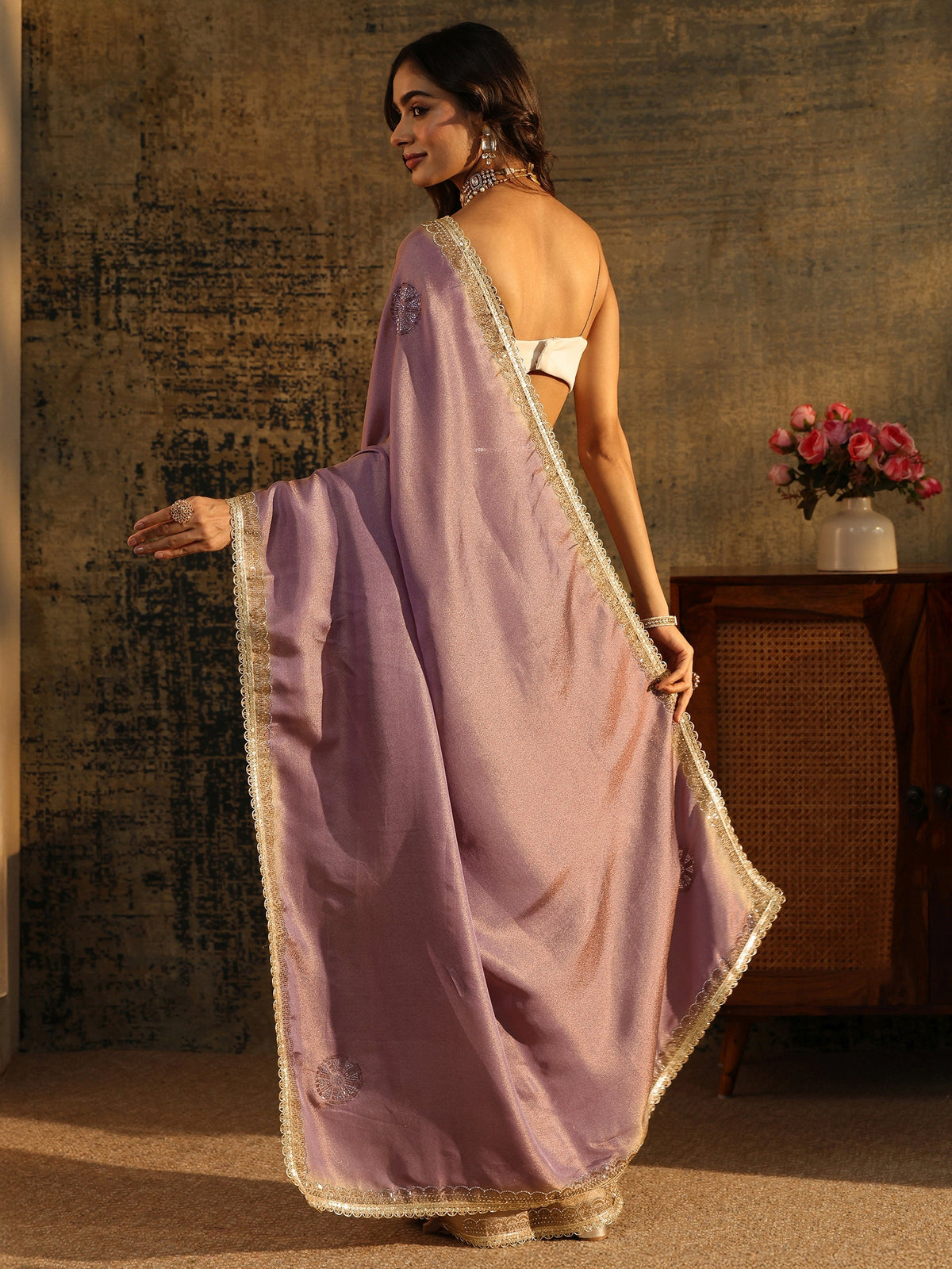 Anouk Lavender Embellished Tissue Saree with Gota Border