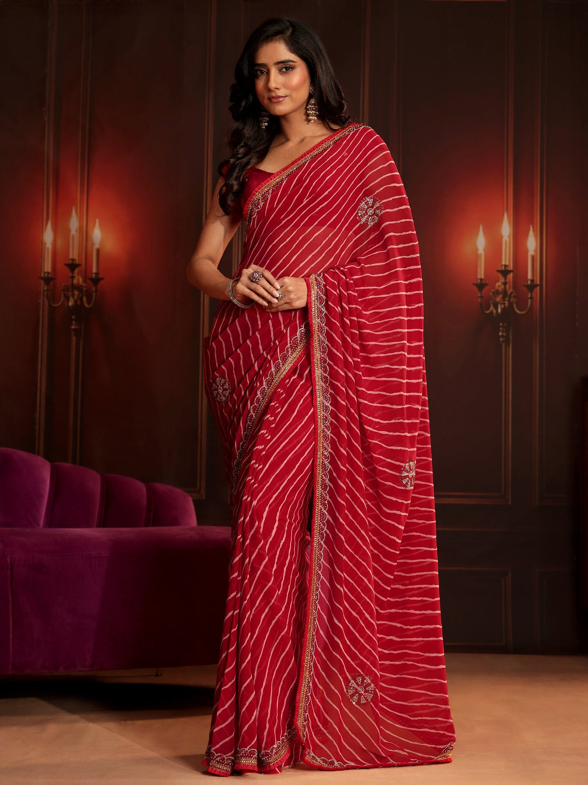 Anouk Crimson Red Leheriya Printed Embellished Georgette Saree