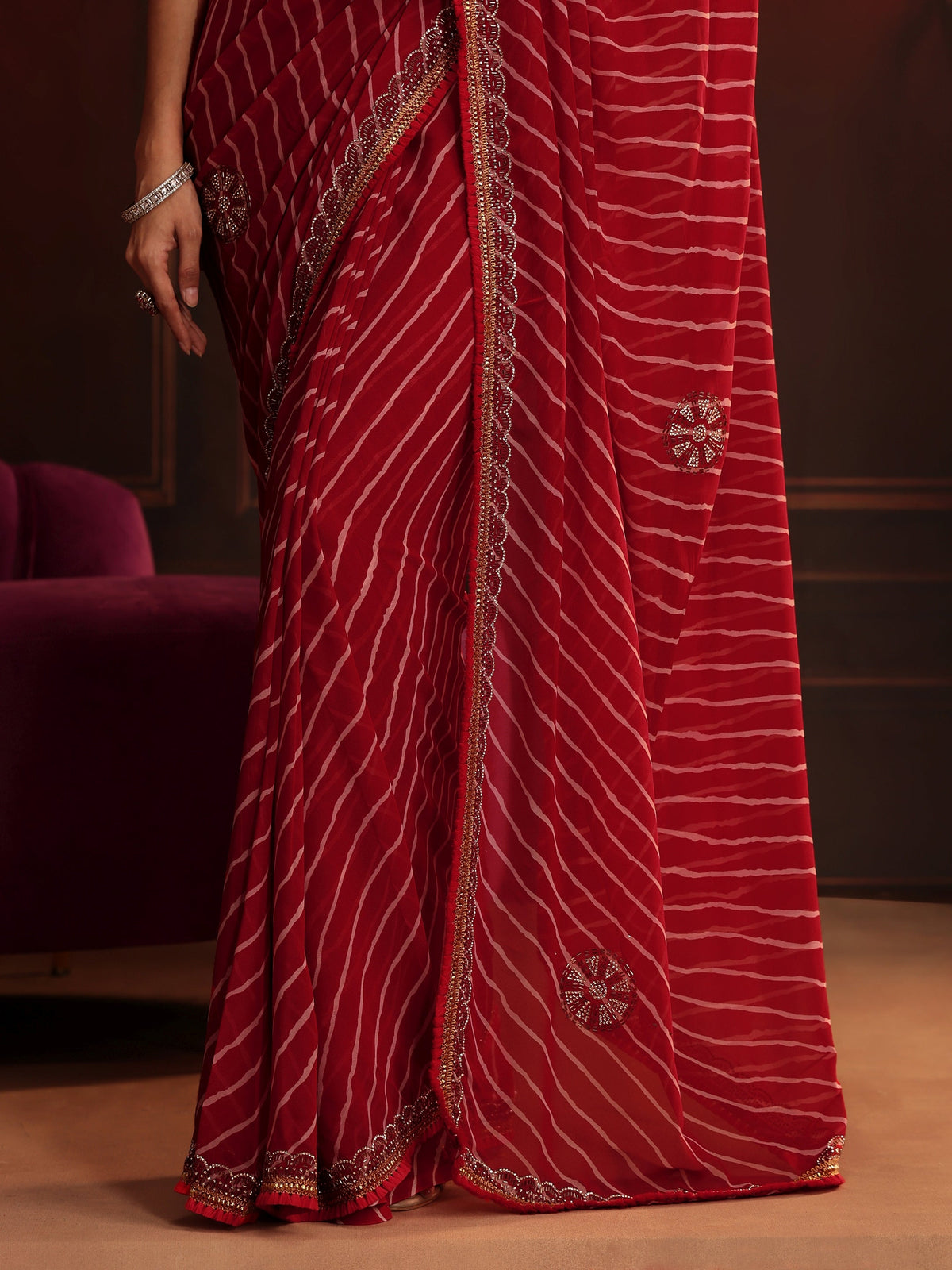 Anouk Crimson Red Leheriya Printed Embellished Georgette Saree