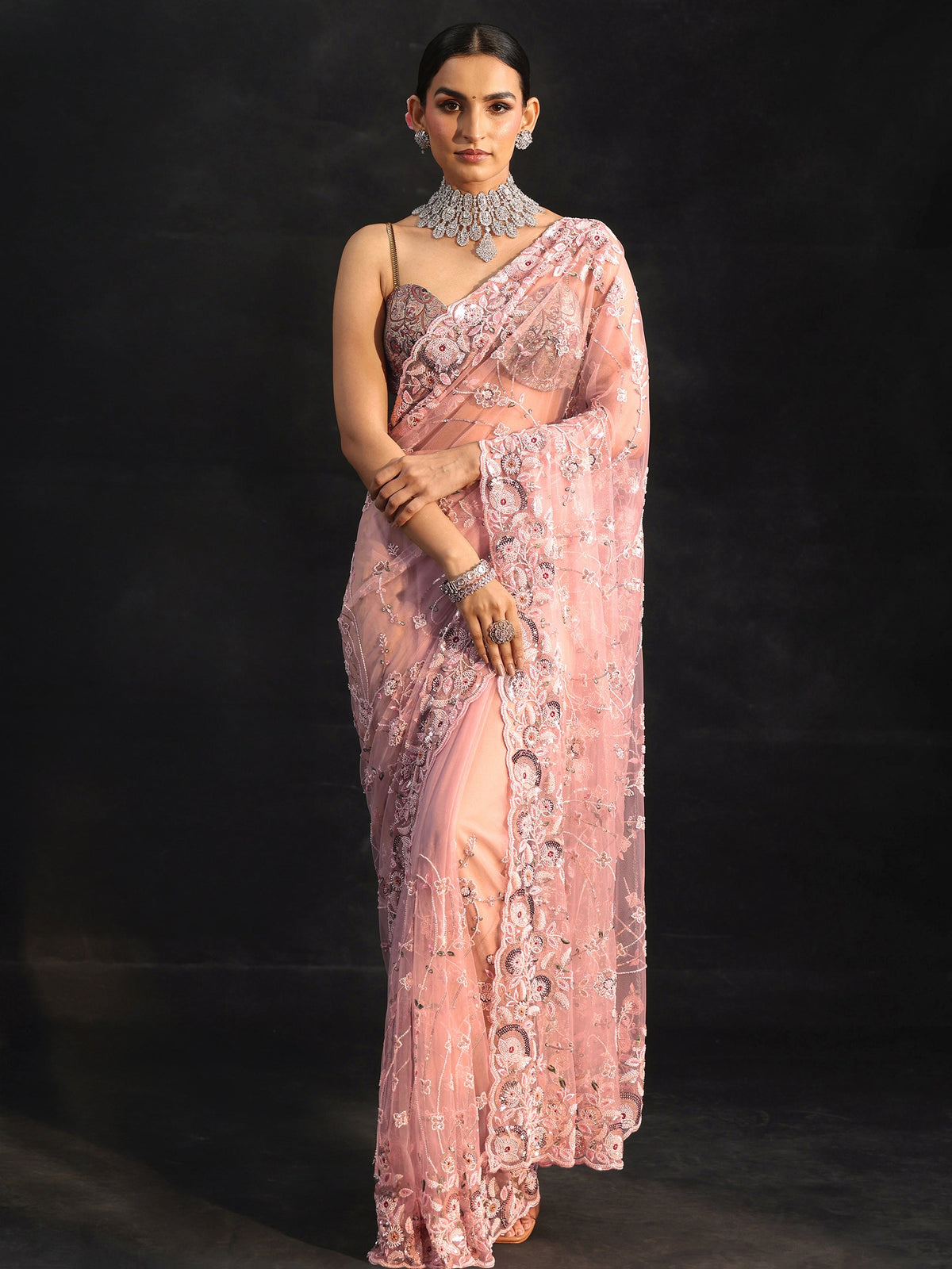 Anouk Art Blush Pink Bead and Sequin Embellished Floral Net Saree