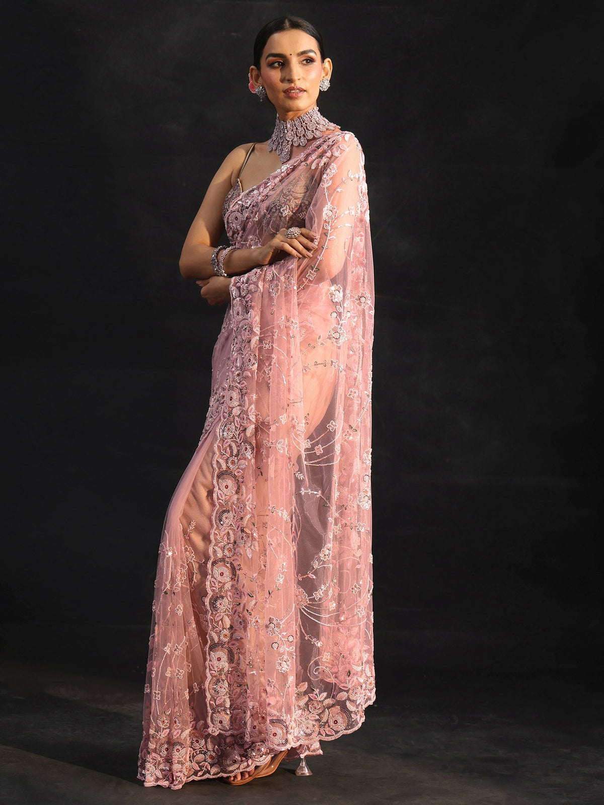Anouk Art Blush Pink Bead and Sequin Embellished Floral Net Saree
