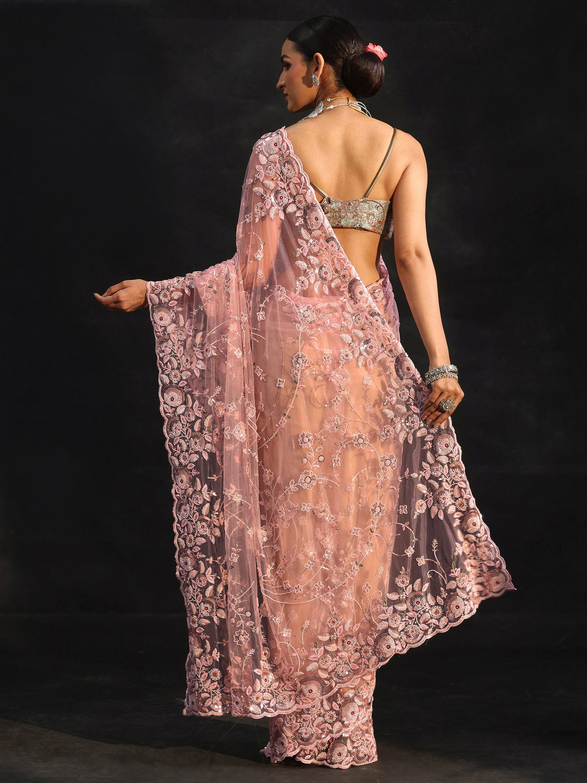 Anouk Art Blush Pink Bead and Sequin Embellished Floral Net Saree