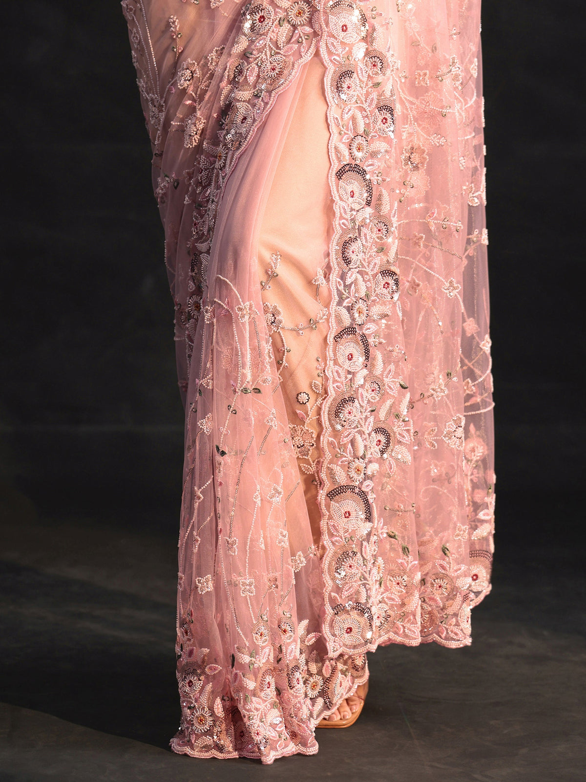 Anouk Art Blush Pink Bead and Sequin Embellished Floral Net Saree