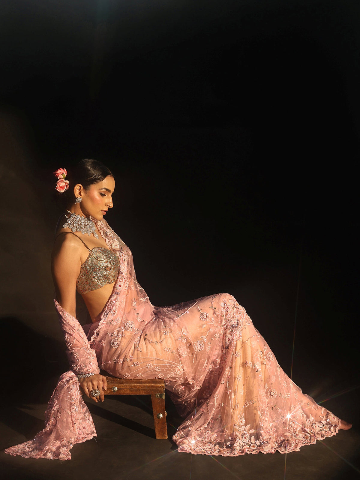 Anouk Art Blush Pink Bead and Sequin Embellished Floral Net Saree