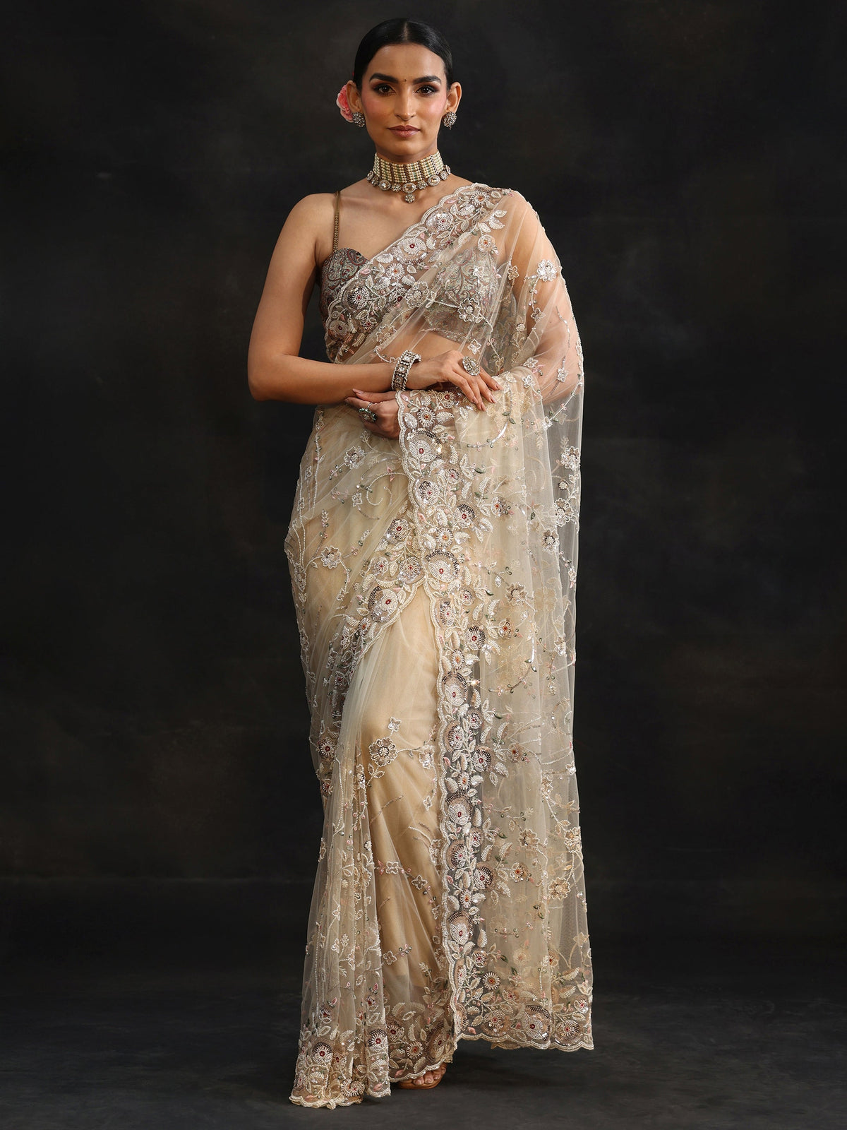 Anouk Art Cream Bead and Sequin Embellished Floral Net Saree
