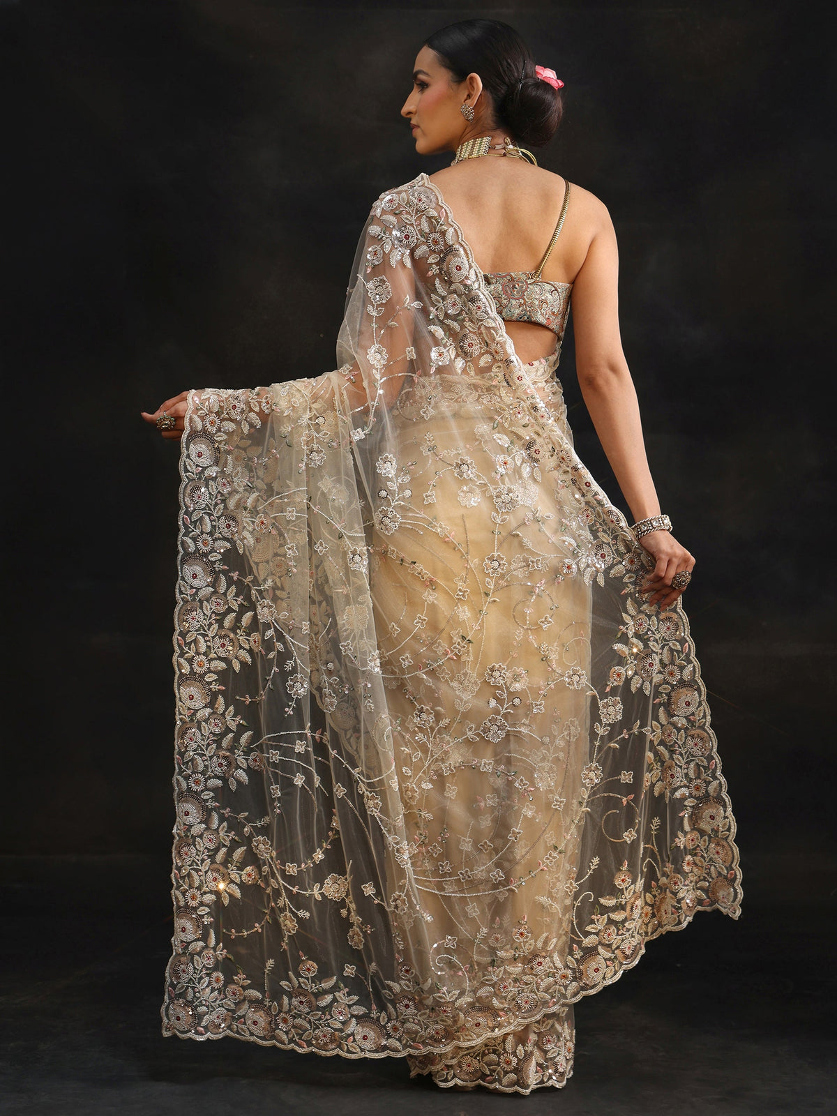 Anouk Art Cream Bead and Sequin Embellished Floral Net Saree