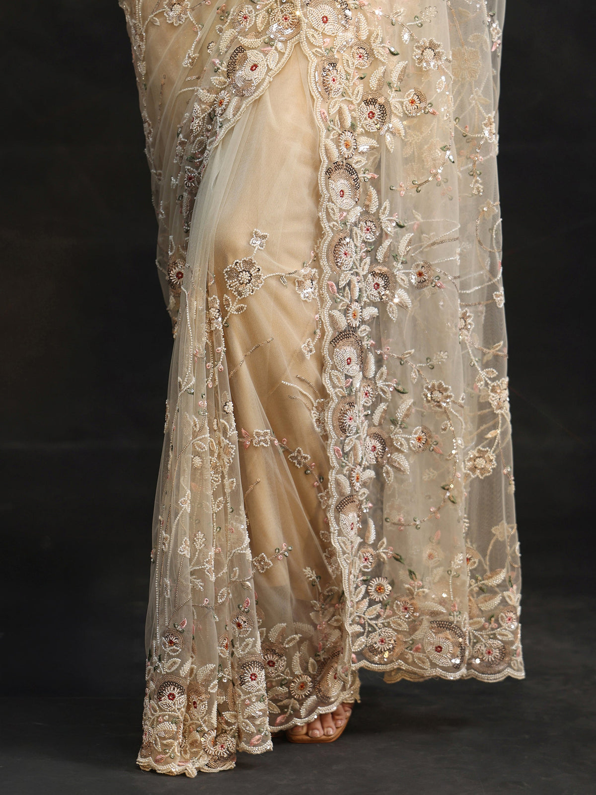 Anouk Art Cream Bead and Sequin Embellished Floral Net Saree