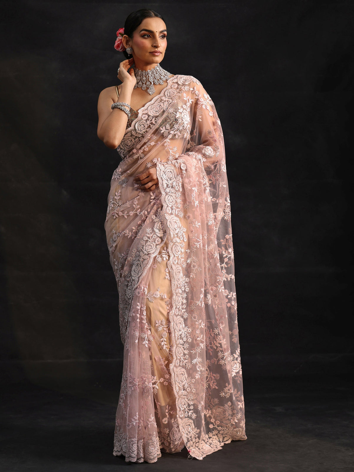 Anouk Art Baby Pink Sequin Embellished Floral Net Saree
