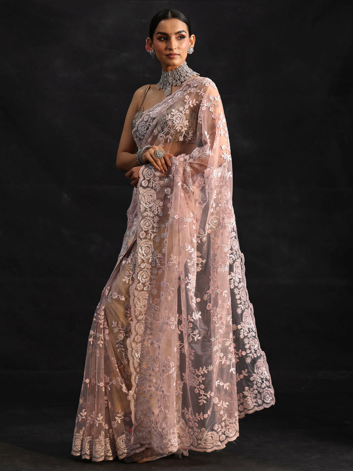 Anouk Art Baby Pink Sequin Embellished Floral Net Saree