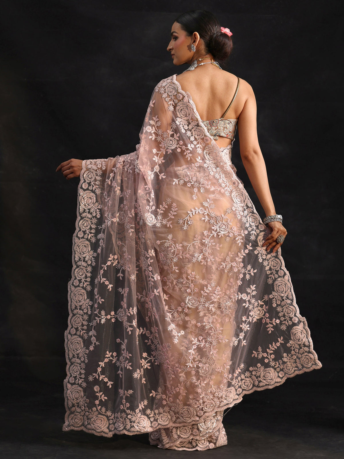 Anouk Art Baby Pink Sequin Embellished Floral Net Saree